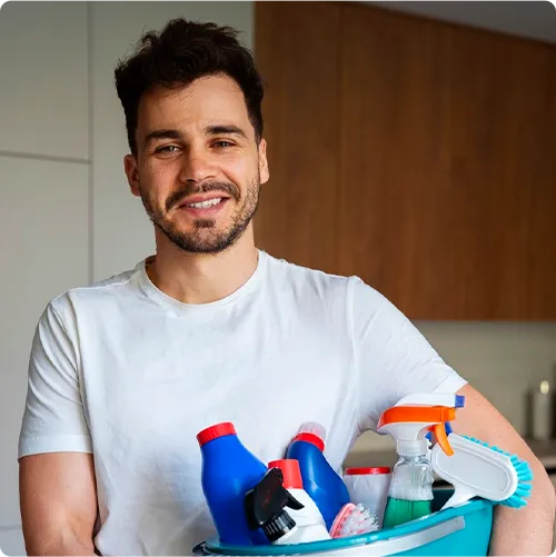 a smiling man in white t-shirt 